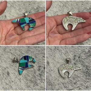 Native Sterling Silver Reversible Bear Inlay Pendant Turquoise Malachite Lapis